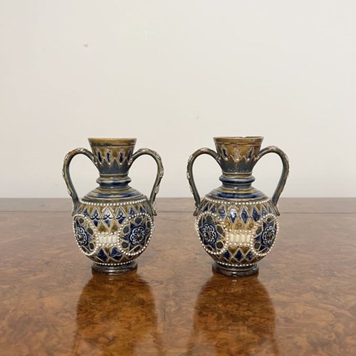 Fine Quality Pair Of Antique Victorian Doulton Lambeth Small Vases 