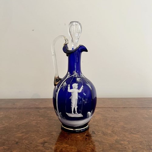 Stunning Quality Antique Mary Gregory Blue Glass Decanter 