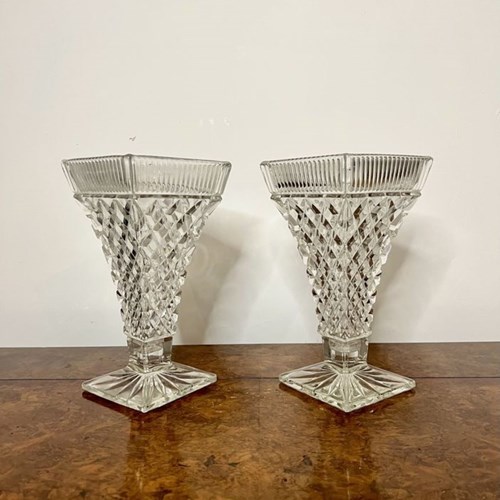 Pair Of Antique Edwardian Quality Cut Glass Vases