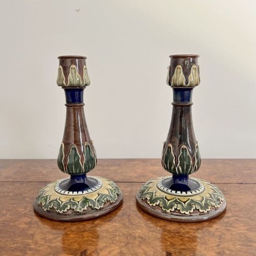 Attractive Pair Of Antique Royal Doulton Candlesticks 