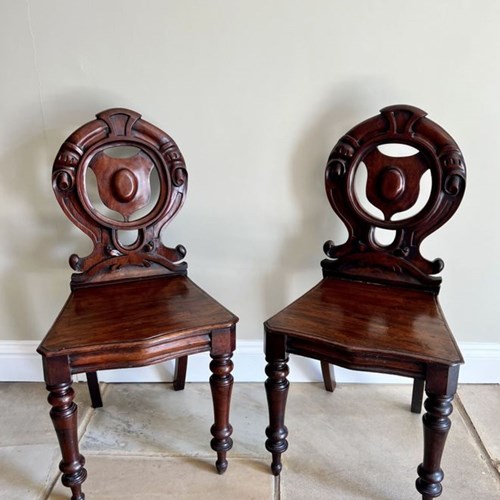 Quality Pair Of Antique Victorian Quality Carved Mahogany Hall Chairs 