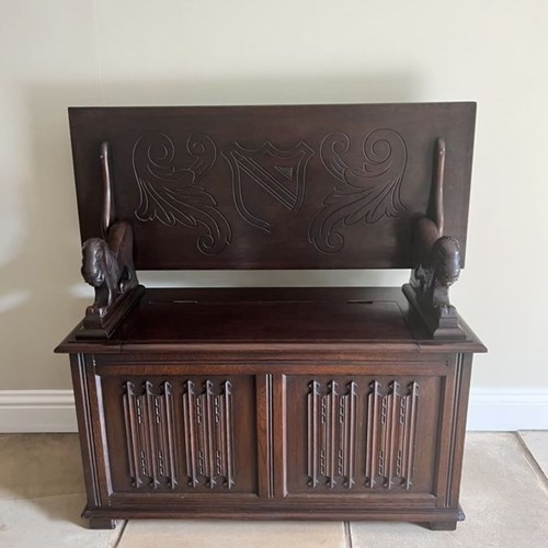 Antique Quality Carved Oak Monks Bench 