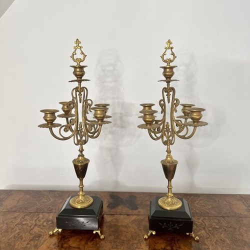 Pair Of Antique Victorian Quality Brass And Marble Candelabras 