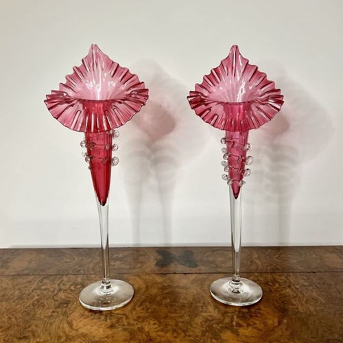 Elegant Pair Of Large Antique Victorian Cranberry Glass Jack In The Pulpit Vases