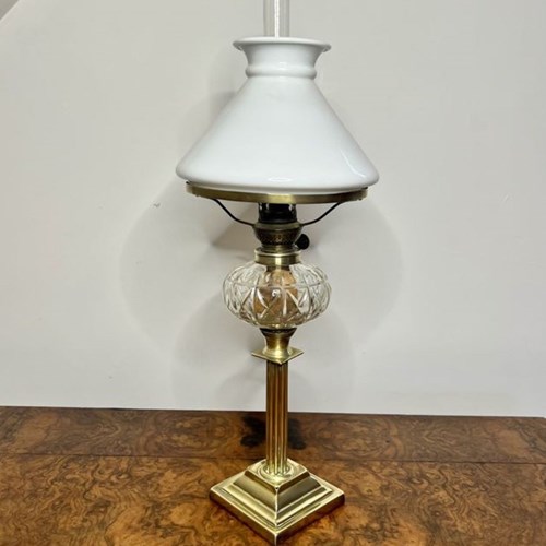 Antique Victorian Quality Brass And Cut Glass Oil Lamp 