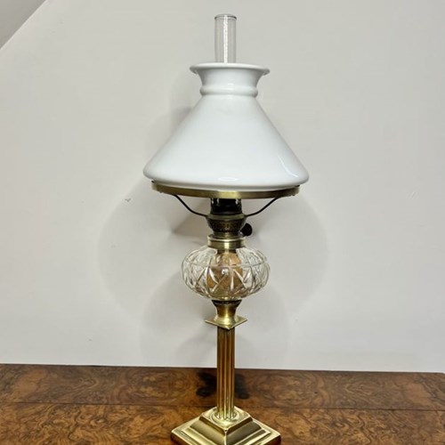 Antique Victorian Quality Brass And Cut Glass Oil Lamp 