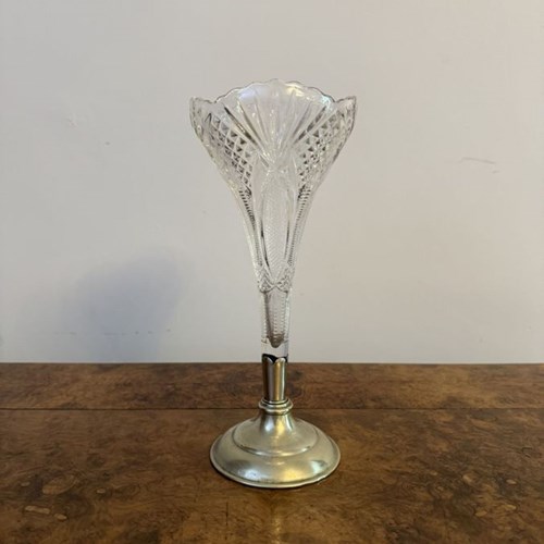 Fine Quality Antique Edwardian Cut Glass And Silver Plated Spill Vase