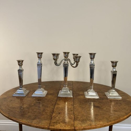 Stunning Antique Edwardian Suit Of Five Silver Plated Candlesticks