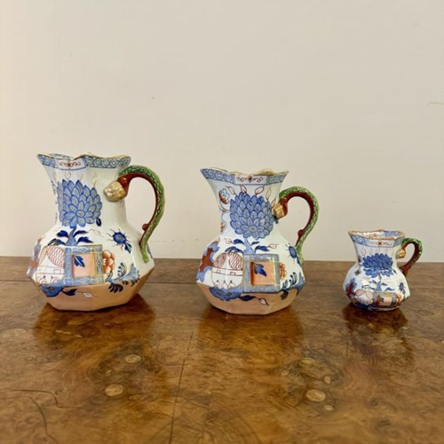 Rare Set Of Three Graduated Antique Victorian Mason's Ironstone Hydra Jugs