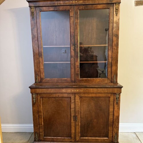 Antique Victorian Quality Burr Walnut Inlaid Bookcase Cabinet