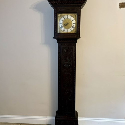 Antique George II Quality Carved Oak Brass Face Long Case Clock
