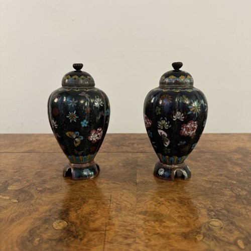 Lovely Pair Of Antique Cloisonne Lidded Vases