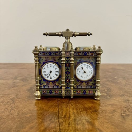 Unusual Antique Edwardian Quality Brass And Enamel Carriage Clock And Barometer
