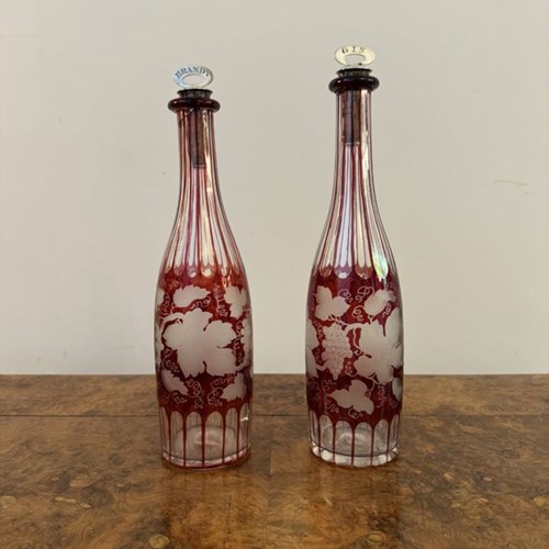 Quality Pair Of Antique Edwardian Ruby Glass Decanters