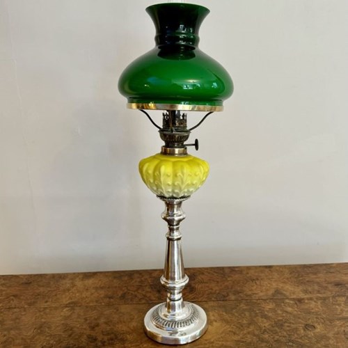 Fine Quality Antique Victorian Silver Plated And Satin Glass Peg Oil Lamp 