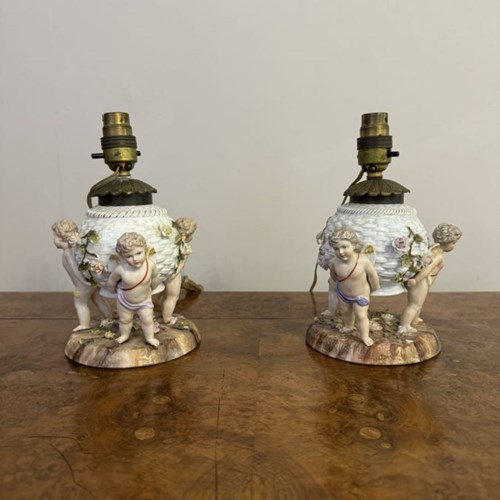 Outstanding Quality Pair Of Antique Sitzendorf Porcelain Lamps