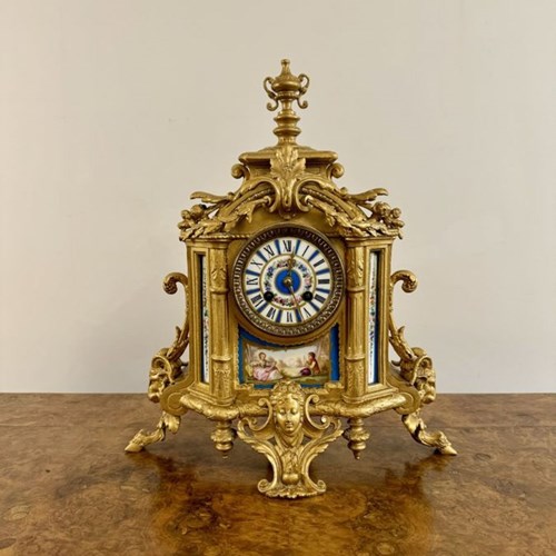 Elegant Quality French 19Th Century Gilt Metal And Porcelain Mantle Clock