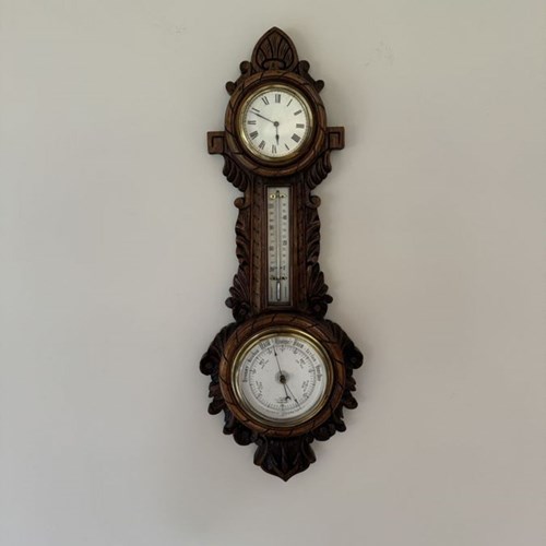 Lovely Quality Antique Edwardian Carved Oak Banjo Clock Barometer