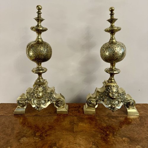 Outstanding Quality Pair Of Antique Victorian Ornate Brass Firedogs