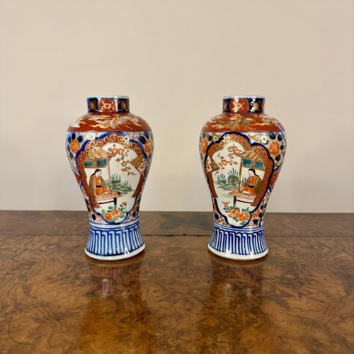 Quality Pair Of Antique Japanese Imari Baluster Vases