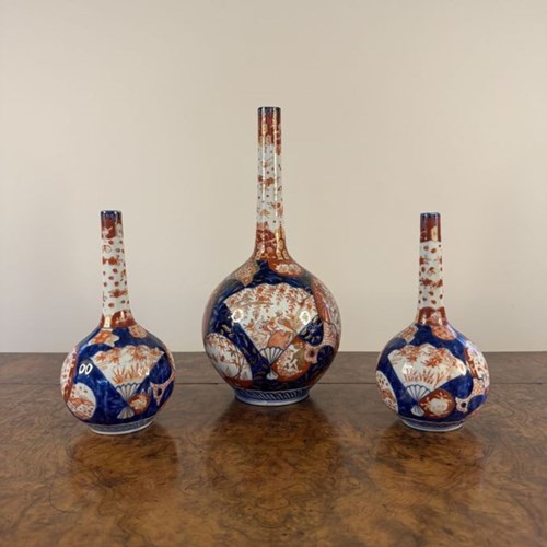 Outstanding Quality Garniture Of Three Antique Japanese Imari Shaped Vases