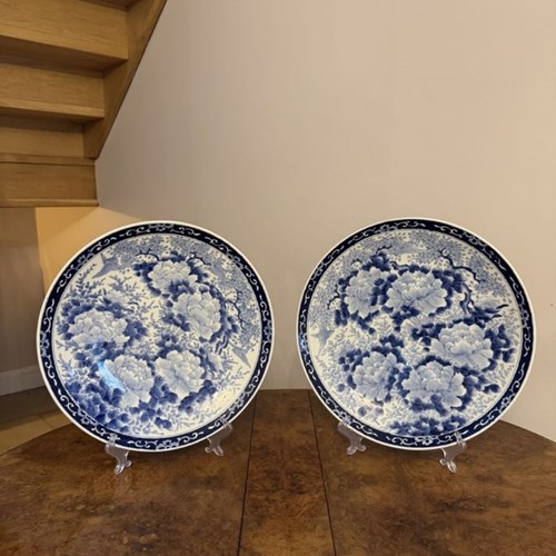 Stunning Quality Pair Of Antique Japanese Imari Blue And White Chargers