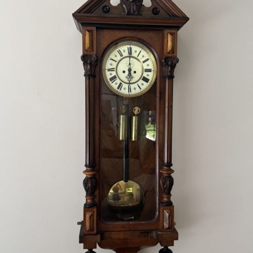 Quality Antique Victorian Carved Walnut Vienna Double Weight Wall Clock 