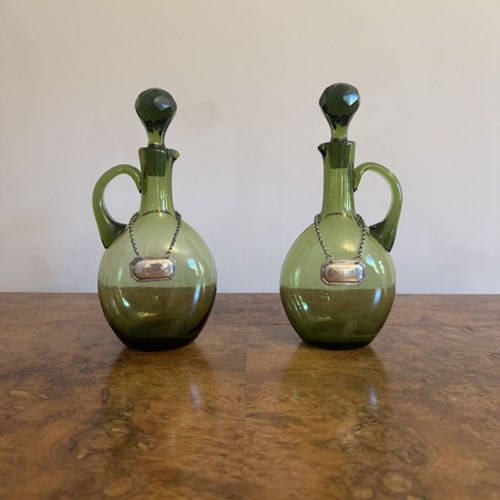 Fine Quality Pair Of Antique Victorian Green Glass Spirit Decanters 