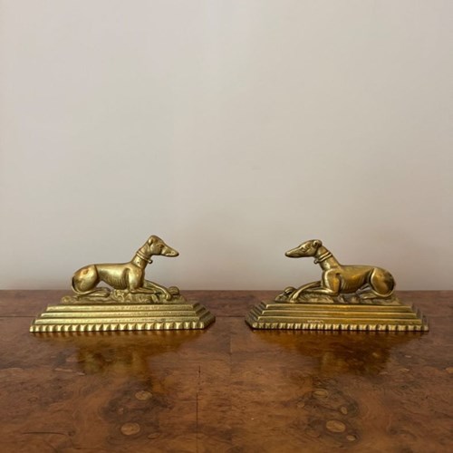 Unusual Pair Of Antique Edwardian Brass Greyhound Fire Dogs
