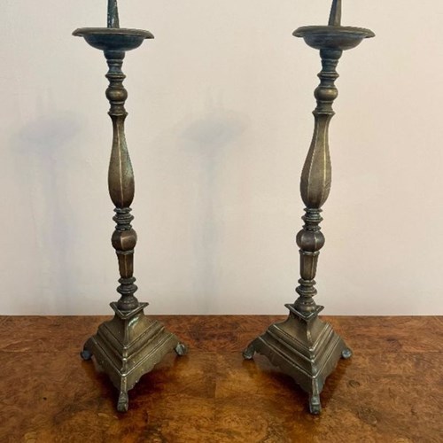 Large Quality Pair Of Antique Regency Brass Pricket Candlesticks 