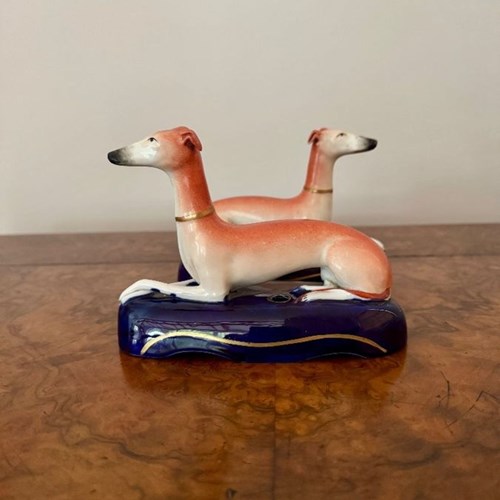 Lovely Quality Pair Of Antique Victorian Staffordshire Greyhound Inkwells 