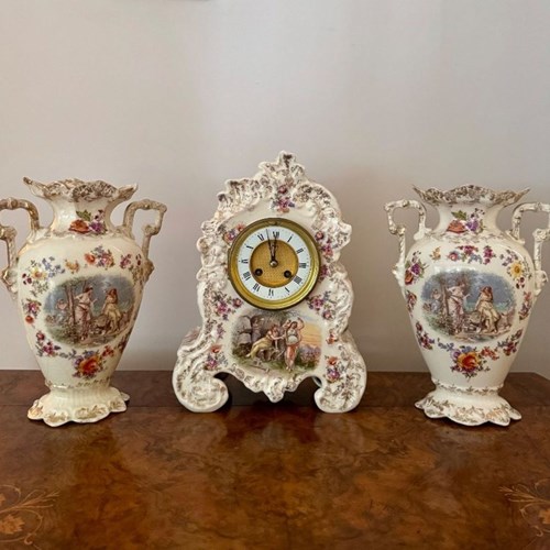 Lovely Quality Antique Late 19Th Century Porcelain Mantle Clock Garniture Set