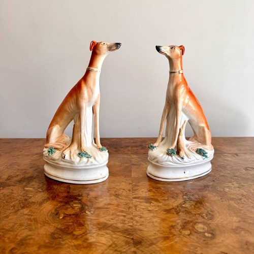 Fine Quality Pair Of Antique Victorian Staffordshire Greyhounds 