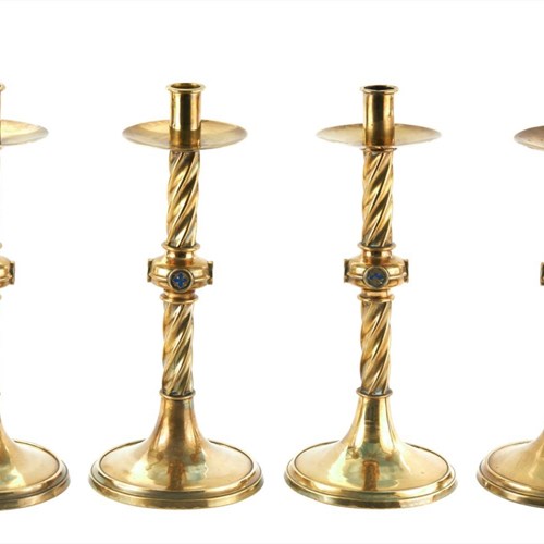 Set Of 4 Antique Brass Ecclesiastical Candlesticks