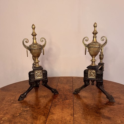 Fine Quality Pair Of Antique Victorian Brass And Iron Fire Dogs