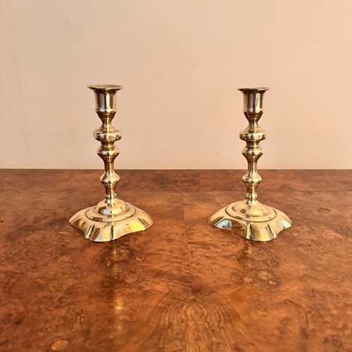 Quality Pair Of Antique Queen Ann Brass Candlesticks