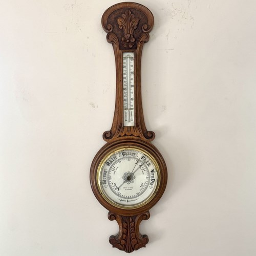 Quality Antique Edwardian Carved Oak Aneroid Barometer By Hyde & Sons Sleaford