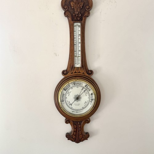 Quality Antique Edwardian Carved Oak Aneroid Barometer By Hyde & Sons Sleaford