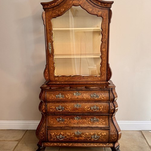 18Th Century Dutch Walnut Marquetry Inlaid Display Cabinet On Bombe Chest