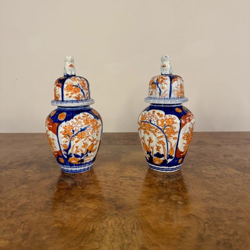 Quality Pair Of Antique Japanese Imari Lidded Vases