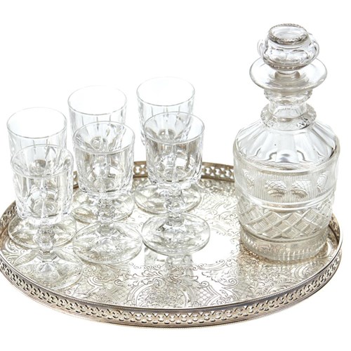 Antique Decanter Drinks Set On Silver Plated Tray