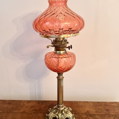 Fine Quality Antique Edwardian Cranberry Glass And Brass Oil Lamp 