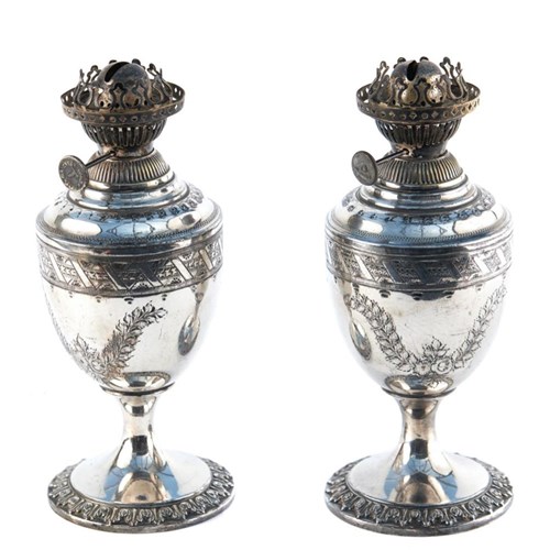 Small Pair Of Quality Antique Silver Plated Oil Lamps