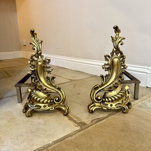 Large Pair Of Antique French Brass Rococo Fire Dogs 