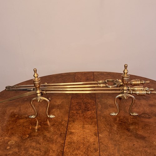 Fine Quality Antique Edwardian Brass Fire Irons And Fire Dogs