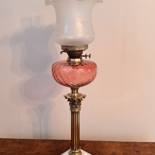 Pretty Antique 19Th Century Marble, Brass And Cranberry Glass Oil Lamp 