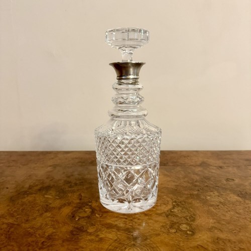 Quality Antique Edwardian Silver Collar Cut Glass Decanter 
