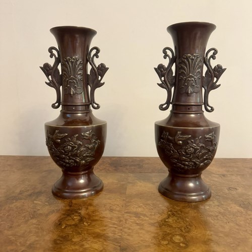 Quality Pair Of Antique Japanese Twin Handle Bronze Vases
