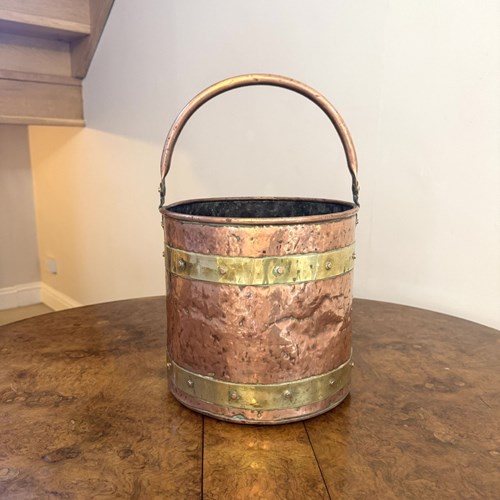 Quality Antique Victorian Copper And Brass Banded Coal Bucket