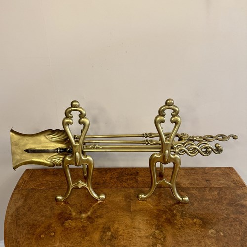 Fine Quality Antique Edwardian Brass Fire Irons And Fire Dogs 